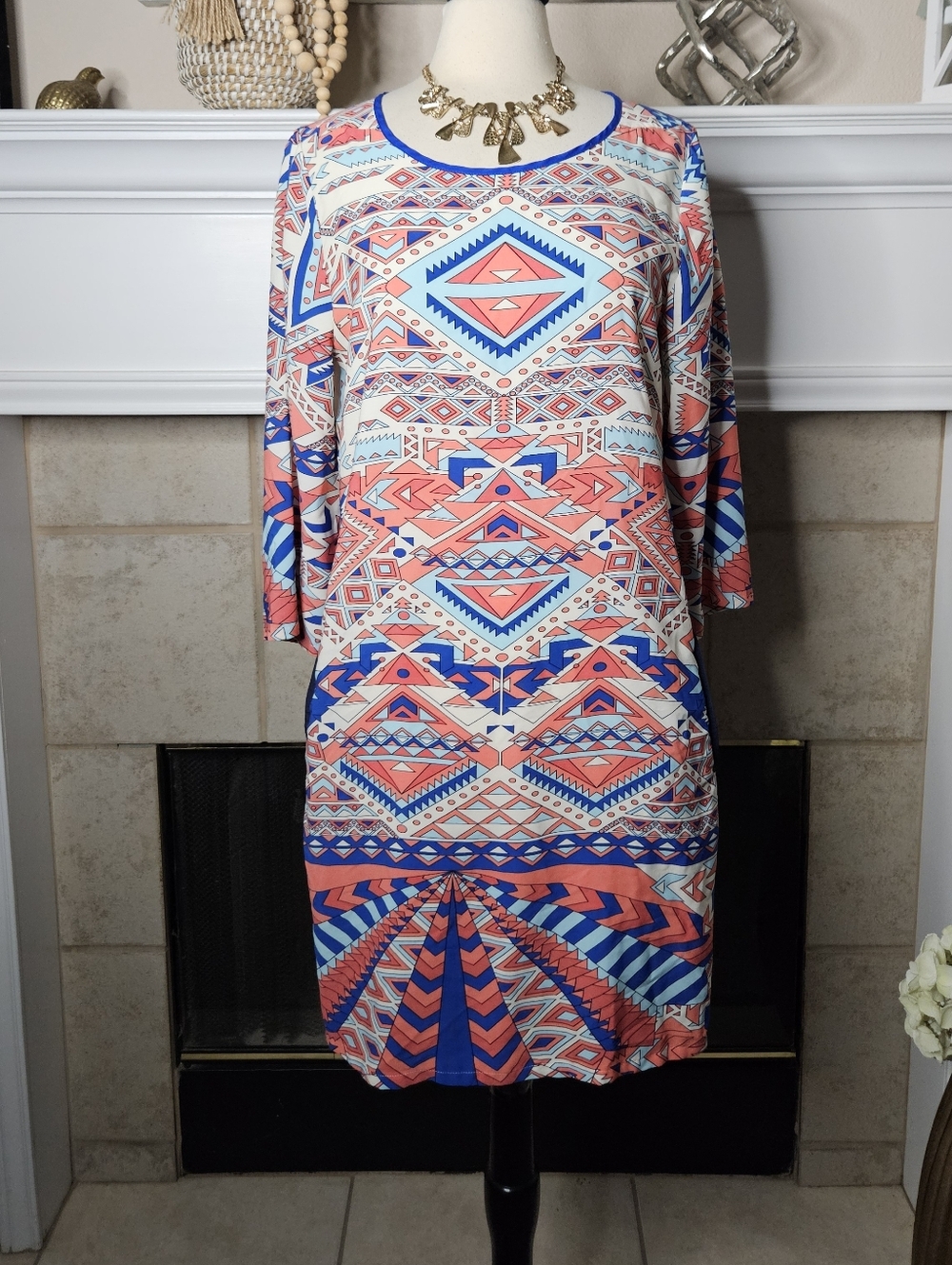 GB Coral and Blue Aztec-Style 3/4 Sleeve Shift Dress